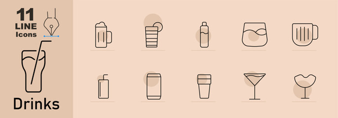 Drinks set icon. Drinkware icons: beer mug, cocktail glass, juice box, coffee cup, tumbler, martini glass, soda can, wine glass.