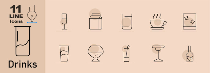 Drinks set icon. Drinkware icons: beer mug, cocktail glass, juice box, coffee cup, tumbler, martini glass, soda can, wine glass.