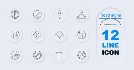 Road signs set icon. Parking, downward arrow, straight arrow, speed bump, right turn, U-turn, stop sign, prohibited, directional sign. Traffic control, road safety, navigation signs.