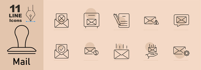 Mail set icon. Leaf with letter, envelope, open letter, notification letter, letter with speech bubble, outgoing mail, message sent, inbox, mail system.