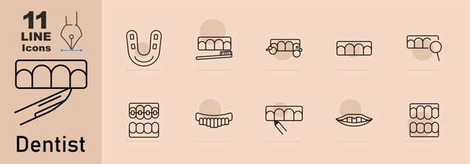 Dentist set icon. Tooth with dental tool, braces, shining, toothbrush, crowned, healthy, decayed, sparkling , root canal, extraction.