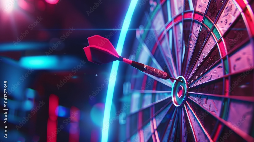 Poster a dart is perfectly centered in the bullseye of a dartboard with a glowing neon light behind it, a p