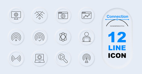 Connection set icon. Monitor with settings, Wi-Fi off, browser with play button, browser with analytics, user, Wi-Fi error, Wi-Fi success, search play, antenna. Internet connectivity, network status.