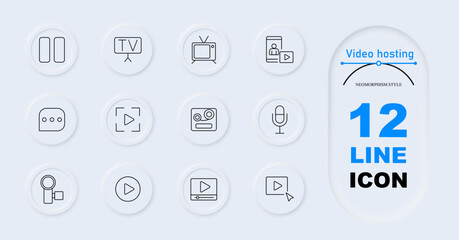 Video hosting icon. Pause, TV, vintage TV, mobile video, message, focus frame, camera, magnifier, play button, browser player, video link. Broadcasting,production, streaming, media, digital content