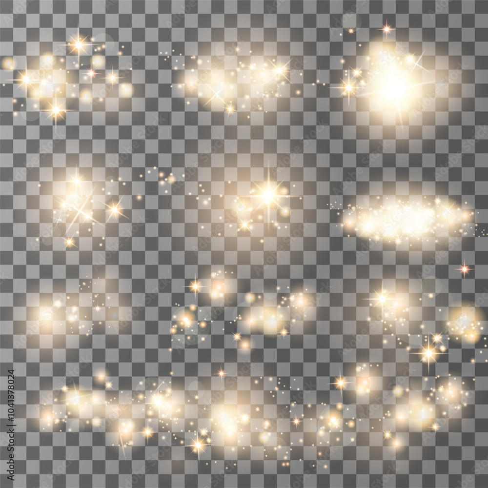 Poster shining glowing light star and sparks with a highlight effect set, golden bokeh lights glitter and s