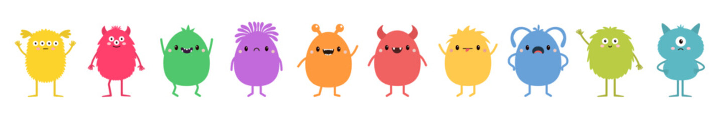 Cute monster set line. Colorful silhouette monsters. Happy Halloween. Kawaii cartoon funny boo character. Different face. Teeth, eyes, horns, hands. Childish style. Flat design White background Vector © worldofvector