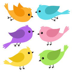 Bird icon set. Different color birds collection. Cute kawaii cartoon funny baby character. Colorful sticker print. Decoration element. Childish style. Flat design. White background. Isolated. Vector