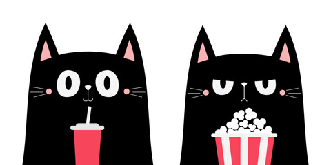 Black cat set. Kittens watching movie. Popcorn, soda glass with straw. Cinema theater. Cute cartoon funny character. Film show. Kids sticker print. Childish style. White background. Flat design Vector