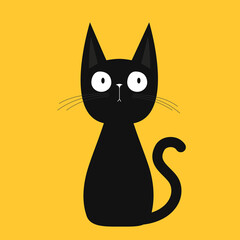 Cat sitting. Funny kitten. Cute face head. Black silhouette icon. Big ears. Kawaii pet animal. Cartoon funny baby character. Childish style. Happy Halloween. Flat design. Yellow background. Vector