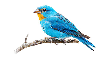 Fototapeta premium A close-up image of a blue bird perched on a small branch, isolated against a white background