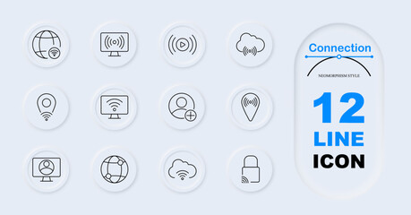 Connection set icon. Globe with Wi-Fi, monitor signal, play button, cloud connection, location signal, Wi-Fi locked, monitor user, user plus, online activity. Internet services, user access.