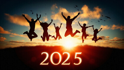 Fototapeta premium A joyful group jumps against a sunset backdrop, celebrating the arrival of 2025
