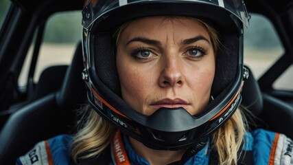 A female racer wearing a helmet, standing confidently in her racing gear, ready for the race with determination in her eyes