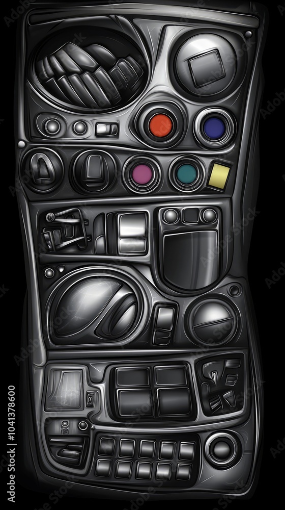 Poster futuristic car dashboard with buttons and controls, isolated on black.