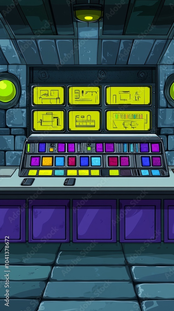 Poster futuristic control panel with colorful buttons and screens.