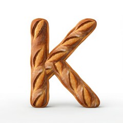 Letter K made from realistic baguette bread, ideal for bakery-themed designs, creative typography,...