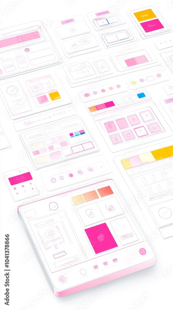 Poster hand drawn mobile app design sketch with pink and yellow color palette.