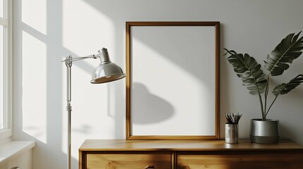 A Bauhaus style bedroom. A vertical frame on the sideboard. Frame is a white blank backround Close-up shot of the frame
