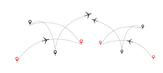 Airplane line path, Path travel dotted line trip dashed trace destination track plan and silhouette, travelling symbol vector illustration