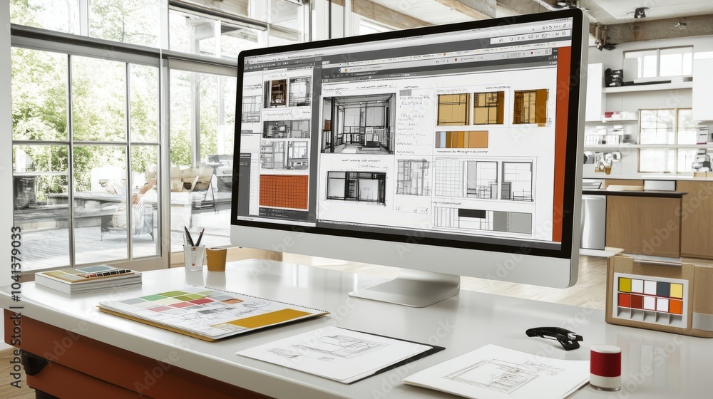 Poster interior designer's desk with computer monitor displaying architectural plans and color samples.