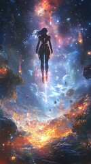 Fototapeta premium A futuristic anime girl floating above an alien world, her space armor glowing softly, distant stars and nebulae lighting up the sky,