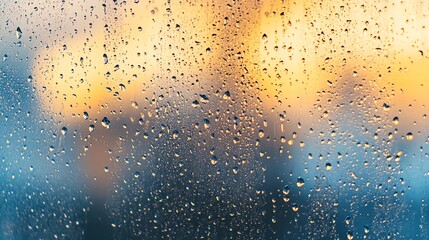 Raindrops on window with blurred sunset background