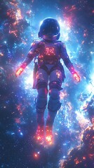 Fototapeta premium A futuristic anime girl in glowing space armor, drifting through space above an alien planet, the surface below illuminated with glowing cities and alien flora,