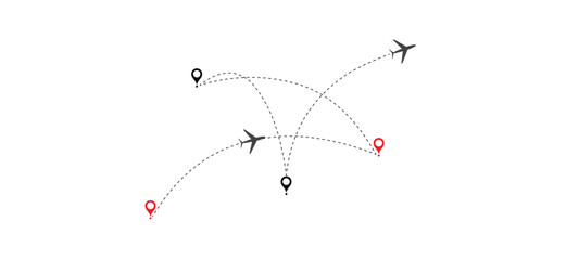 Airplane line path, Path travel dotted line trip dashed trace destination track plan and silhouette, travelling symbol vector illustration