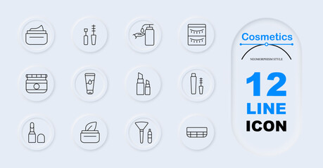 Cosmetics set icon. Cream jar, nail polish, lotion pump, mascara, face cream, lipstick duo, face toner, brush set, compact powder. Skincare products, makeup essentials, beauty care tools.