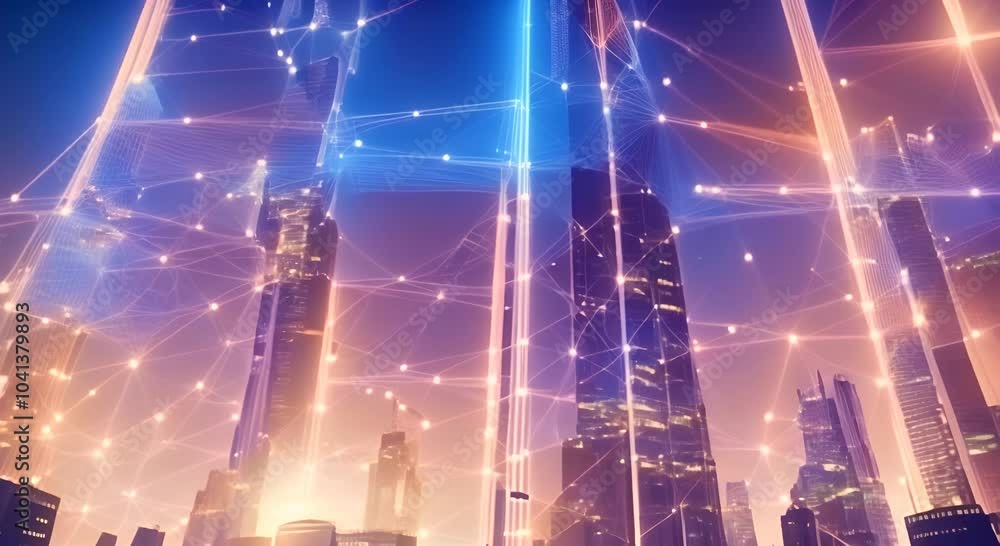 Poster abstract background animation with futuristic cityscape and network lines 4k