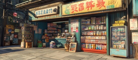 A small store with a blue facade and shelves stocked with various goods. There are several signs written in Japanese and a vending machine on the sidewalk.