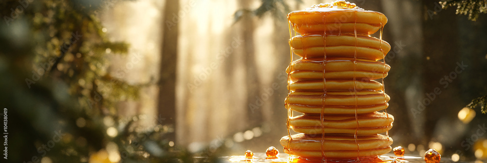 Poster a tower of pancakes floating over a forest, with syrup cascading down like a waterfall