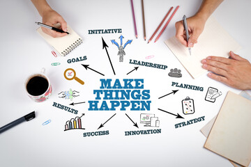MAKE THINGS HAPPEN Concept. The meeting at the white office table