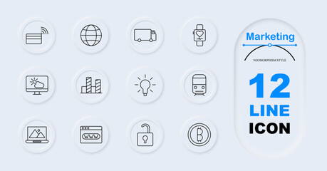 Marketing set icon. Credit card, globe, delivery truck, smartwatch, stock chart, lightbulb, bus, weather forecast, website, cryptocurrency, padlock. Marketing tools, business symbols, global trade.