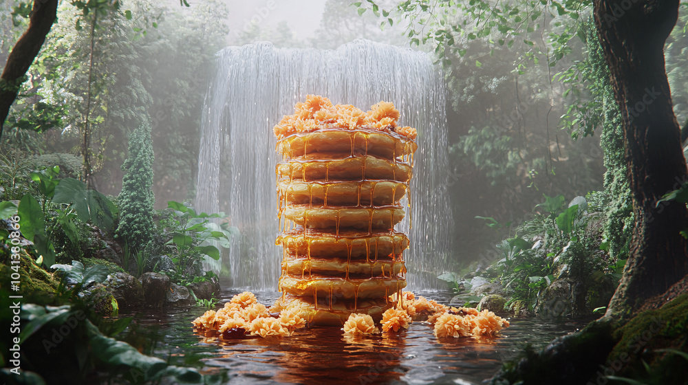 Poster a tower of pancakes floating over a forest, with syrup cascading down like a waterfall