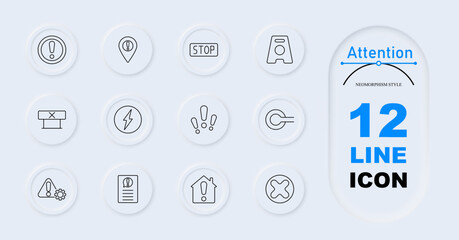 Attention set icon. Alert symbol, location marker, stop sign, caution board, barrier, lightning bolt, exclamation group, power button, warning triangle with gear, document alert, house warning