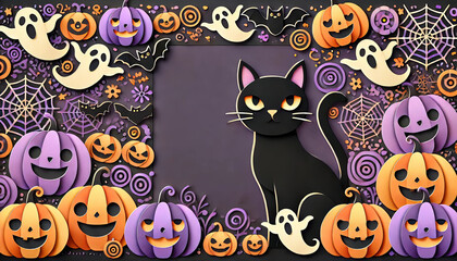 Halloween-Themed Background with Black Cat, Pumpkins, Ghosts, and Bats.