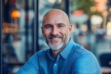 Fototapeta premium Bald mature man with a friendly smile sitting outdoors in a cafe setting