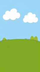 Obraz premium Simple cartoon illustration of a grassy hill with two clouds in a blue sky.