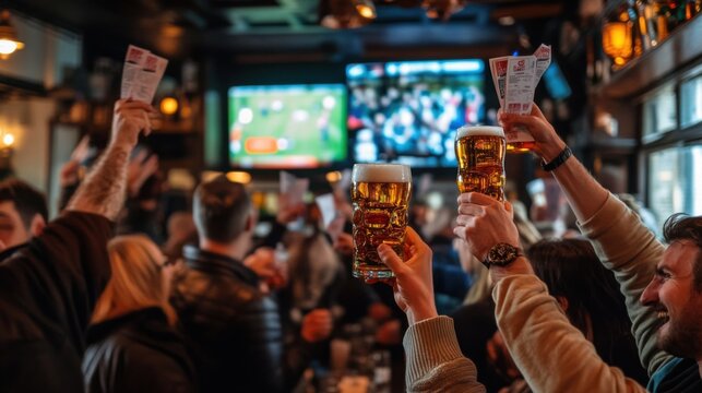 A bar full of fans with beer mugs in their hands and waving their arms excitedly