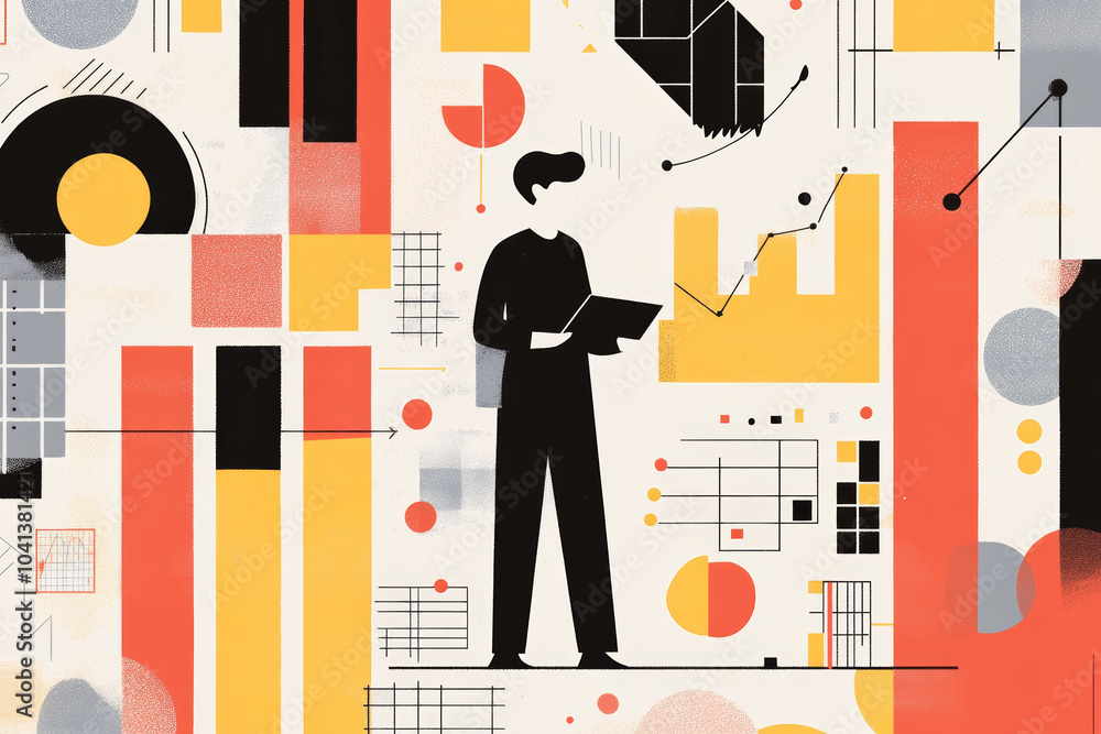 Poster a person analyzes data in a creative office setting with colorful geometric patterns and graphs
