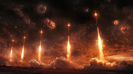 Rockets Launching into a Dramatic Night Sky