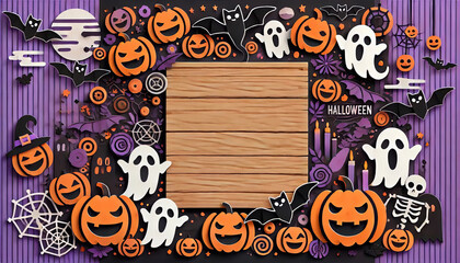 Halloween-Themed Background with Pumpkins, Ghosts, Bats, and Wooden Sign.