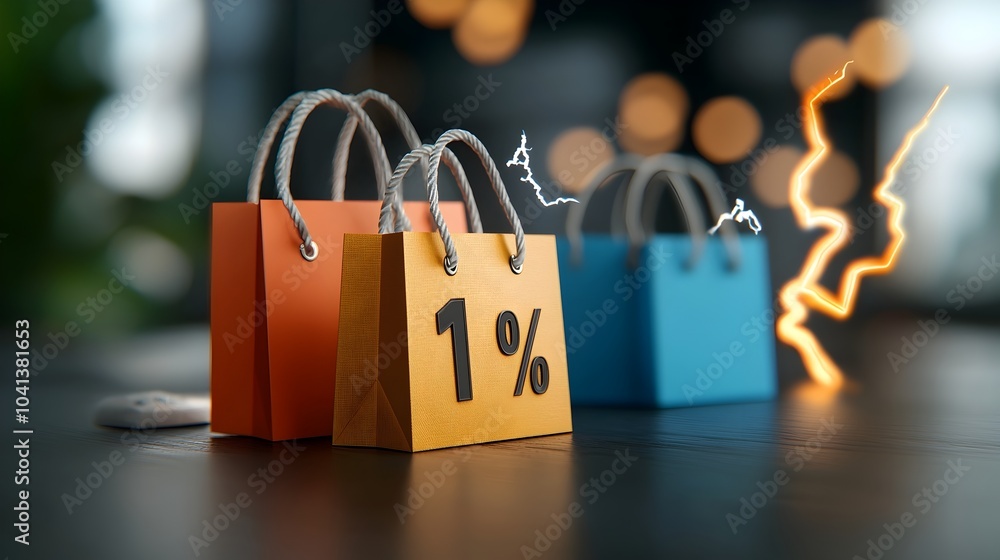 Poster vibrant 3d percent icon with neon lightning explosions across a sleek black background creating a dy