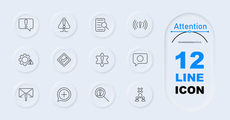 Attention set icon. Exclamation speech bubble, alert sign, document search, notification signal, warning gear, verified checkmark, star alert, exclamation envelope, zoom alert, warning magnifier