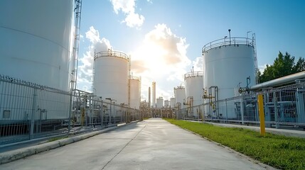 Industrial landscape with storage tanks under blue sky exploring the interplay of nature and man-made structures
