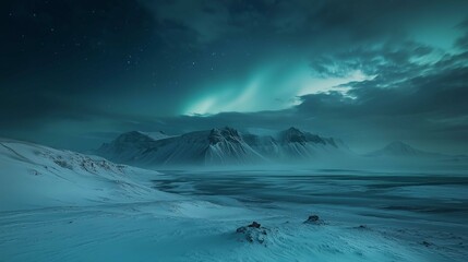 Silhouette of a hiker admiring the view Sky with stars and green aurora borealis. Northern Lights
