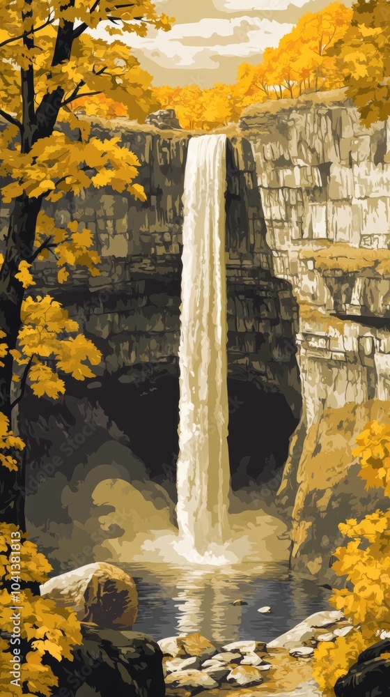 Poster tall waterfall cascading over a cliff into a pool with fall foliage in the background.