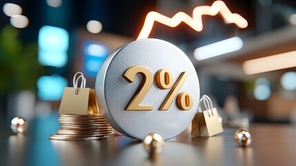 Metallic 3D percent icon with shopping bags against a dramatic black background with lightning effects  This 3D rendered image represents finance business retail and ecommerce concepts