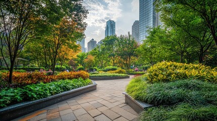 Obraz premium Vibrant Urban Park with Lush Greenery and Trees